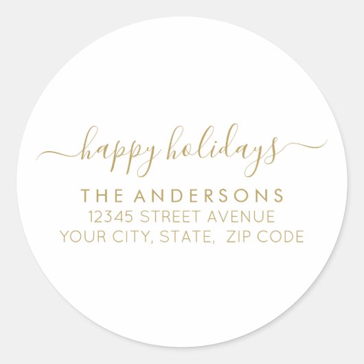 ハッピーホリデー金ゴールドスクリプト書道アドレス ラウンドシール (正面)
