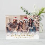 ハッピーホリデー金ゴールドスクリプト2フォトクリスマス シーズンカード (スタンド正面)