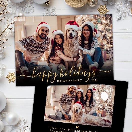 ハッピーホリデー金ゴールドスクリプト2フォトクリスマス シーズンカード