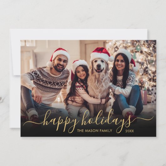 ハッピーホリデー金ゴールドスクリプト2フォトクリスマス シーズンカード (正面)