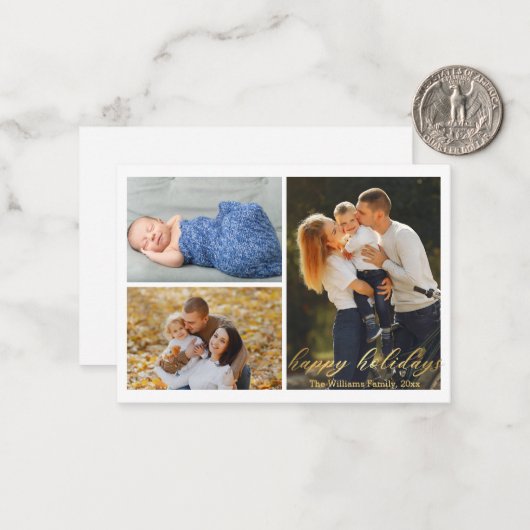 ハッピーホリデー金ゴールドスクリプト3枚の写真コラージュ ノートカード (正面/裏面インサイチュ)