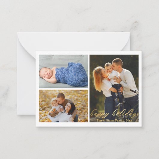 ハッピーホリデー金ゴールドスクリプト3枚の写真コラージュ ノートカード (正面)