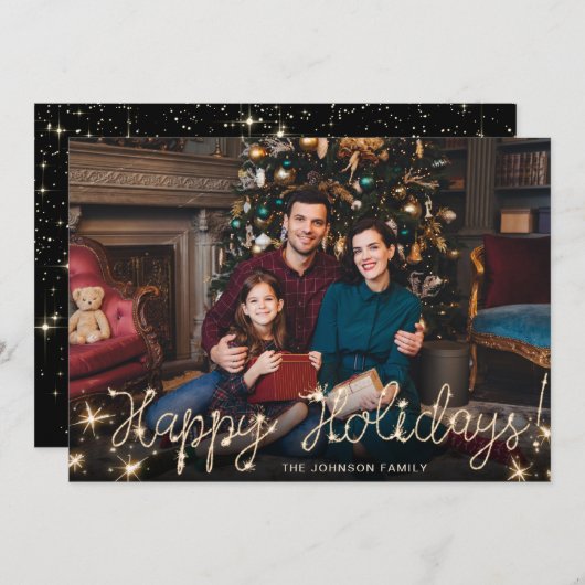 ハッピーホリデー金ゴールドスパークルスクリプトPHOTO Greeting シーズンカード (正面/裏面)