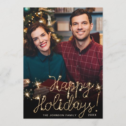 ハッピーホリデー金ゴールドスパークルスクリプトPHOTO Greeting シーズンカード (正面)
