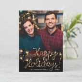 ハッピーホリデー金ゴールドスパークルスクリプトPHOTO Greeting シーズンカード (スタンド正面)