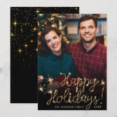 ハッピーホリデー金ゴールドスパークルスクリプトPHOTO Greeting シーズンカード (正面/裏面)
