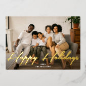 ハッピーホリデー金ゴールドブラシスクリプトフォト実在 箔シーズンカード (正面)