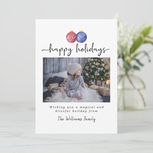 ハッピーホリデー1写真かわいい水彩オーナメント シーズンカード (スタンド正面)