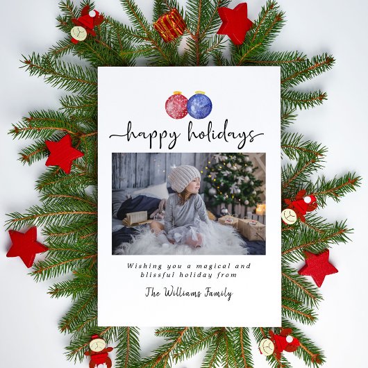 ハッピーホリデー1写真かわいい水彩オーナメント シーズンカード