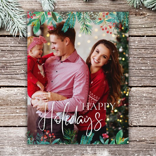 ハッピーホリデー1写真クリスマスグリーン シーズンポストカード