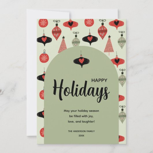 ハッピーホリデー3ファミリーフォトコラージグリーンアーチ シーズンカード (正面)