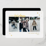 ハッピーホリデー3写真 箔シーズンカード<br><div class="desc">ハッモダンプホリデーズゴールドフォイルタイポグラフィ、3フォトホリデーカード。特徴、金ゴールドフォイルの星と無地の黒い色の背景とテンプレート宇宙あなたの個人的な休日メッセージ。</div>