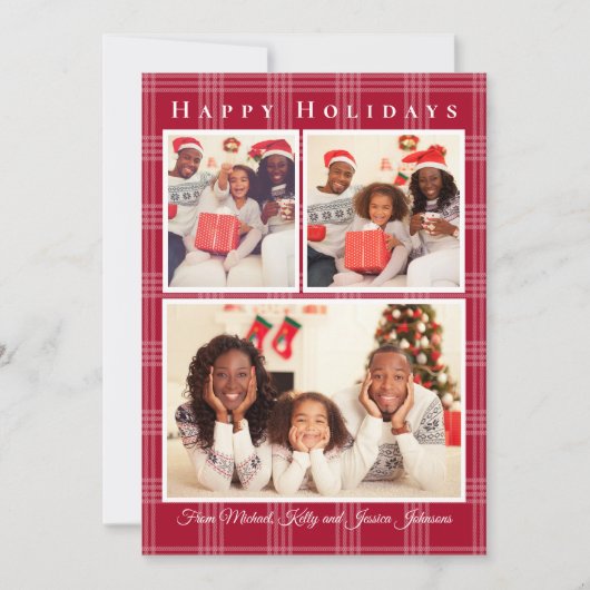 ハッピーホリデー3枚の写真コラージュ赤いバッファロープライド シーズンカード (正面)