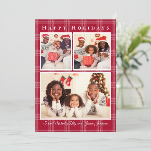 ハッピーホリデー3枚の写真コラージュ赤いバッファロープライド シーズンカード (スタンド正面)