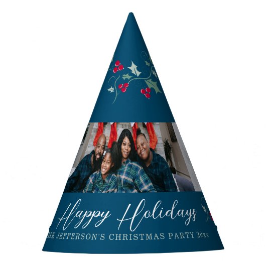 ハッピーホリデー5枚の写真ホリーとベリーブルー パーティーハット (正面)