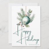 ハッピーホリデー おしゃれなグリーンの水彩画オーナメント シーズンカード (正面)