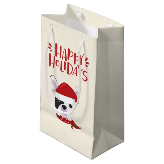 ハッピーホリデー – かわいいサンタフレンチー – クリスマス スモールペーパーバッグ (正面アングル)