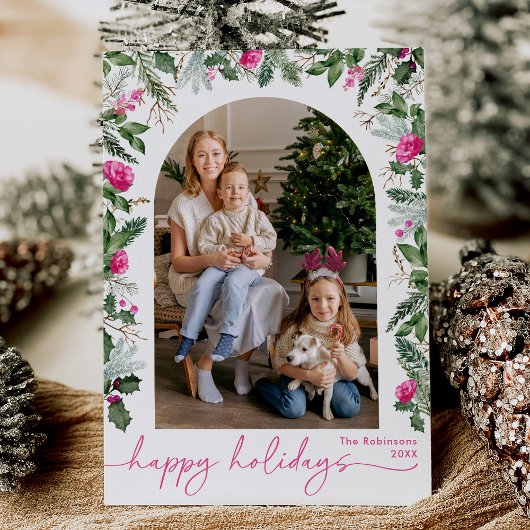 ハッピーホリデー かわいい ピンクとグリーンのボタニカルアーチ シーズンカード