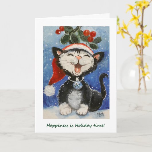 ハッピーホリデー！　もみの木の下の幸せな猫 カード (黄色い花)