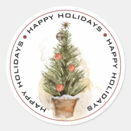 ハッピーホリデー、オールドファッションクリスマスツリー ラウンドシール