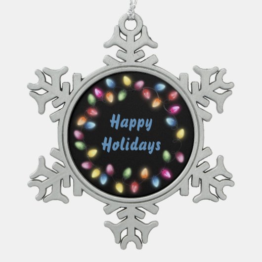 ハッピーホリデー&カラフルフェスティバルクリスマスライト スノーフレークピューターオーナメント (正面)