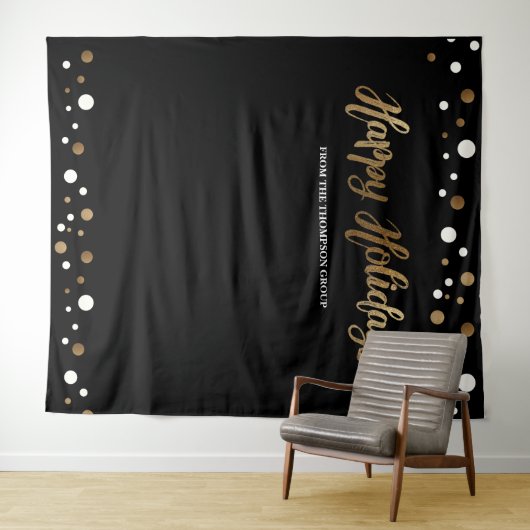 ハッピーホリデー カンパニー クリスマス ゴールドの背景 タペストリー (インサイチュ(横))