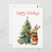 ハッピーホリデー – クリスマスツリーと可愛いバニー ポストカード (正面/裏面)