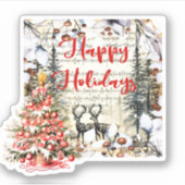 ハッピーホリデー – クリスマスツリーと鹿 シール (正面)