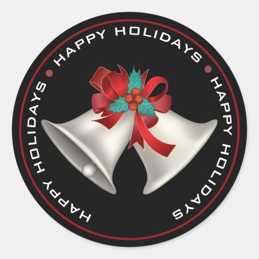 ハッピーホリデー、クリスマスベル付きブラック ラウンドシール (正面)