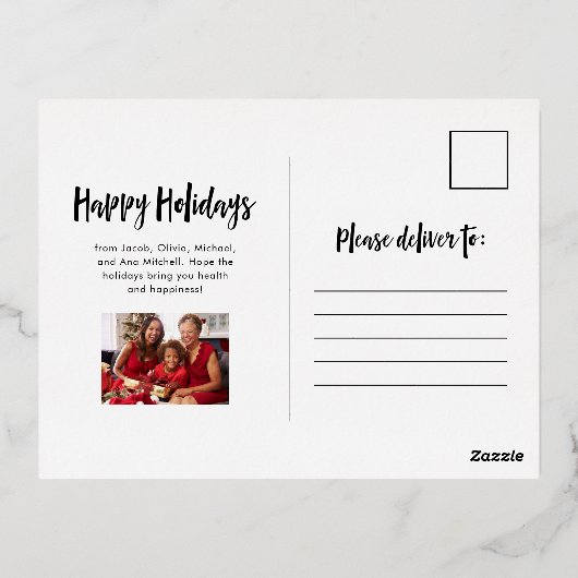 ハッピーホリデー |ゴールドフォイル数々のフォトグリッド 箔シーズンポストカード (裏面)