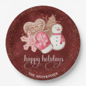ハッピーホリデー，ジンジャーブレッドCookie，赤と金ゴールド ペーパープレート (正面)