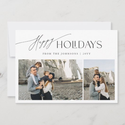 ハッピーホリデー | スクリプエレガントト3フォトクリスマス シーズンカード (正面)