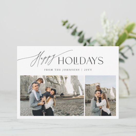ハッピーホリデー | スクリプエレガントト3フォトクリスマス シーズンカード (スタンド正面)