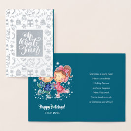 ハッピーホリデー。スケートで滑るキッズ |ラグジュアリー名前をカスタムする 箔カード