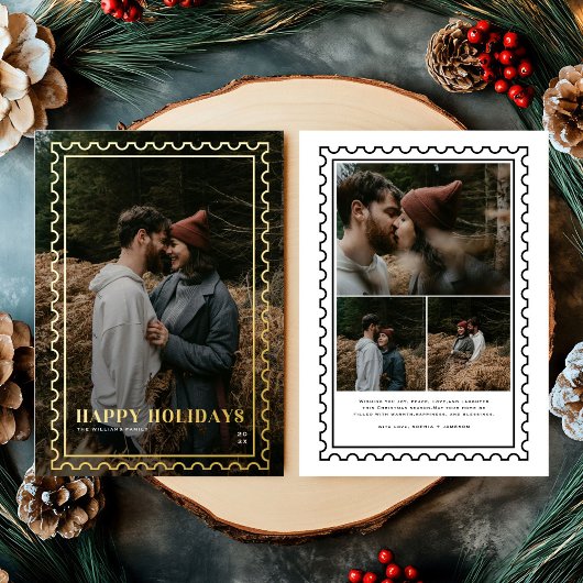 ハッピーホリデー スタンプ ファミリー フォト 箔シーズンカード