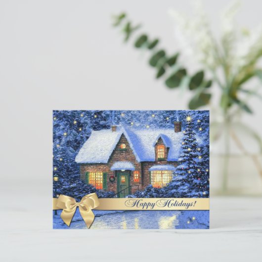 ハッピーホリデー。スノーヴィレッジ絵画のクリスマス ポストカード (スタンド正面)