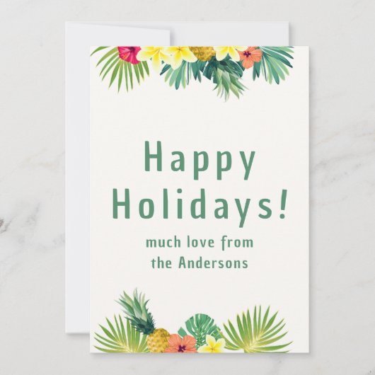 ハッピーホリデー、トロピカルフラワーとグリーティング シーズンカード (正面)
