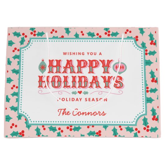 ハッピーホリデー | ピンクと赤のホリー | カスタマイズ ラージペーパーバッグ (正面)