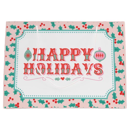ハッピーホリデー | ピンクと赤のホリー ラージペーパーバッグ (正面)