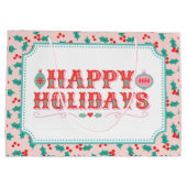 ハッピーホリデー | ピンクと赤のホリー ラージペーパーバッグ (裏面)