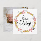 ハッピーホリデー ピンクのリース | ホリデー フォト カード (正面/裏面)