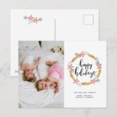 ハッピーホリデー ピンクのリース | ホリデー フォト カード (正面/裏面)