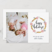 ハッピーホリデー ピンクのリース | ホリデー フォト カード (正面/裏面)