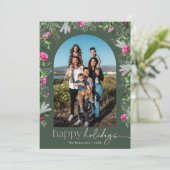 ハッピーホリデー ピンク グリーンフォリアージ アーチ フォト シーズンカード (スタンド正面)