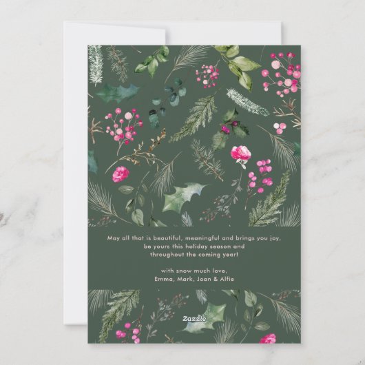 ハッピーホリデー ピンク グリーンフォリアージ アーチ フォト シーズンカード (裏面)