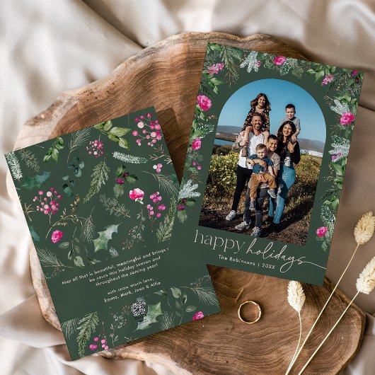 ハッピーホリデー ピンク グリーンフォリアージ アーチ フォト シーズンカード