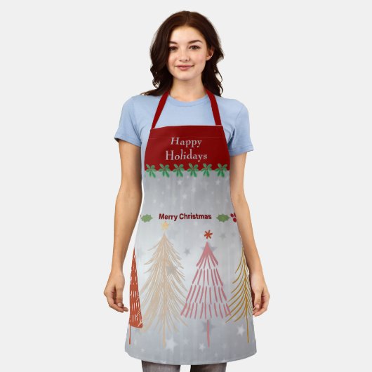 ハッピーホリデー、フェスティバルシルバー、クリスマスレッド エプロン (着用した状態)