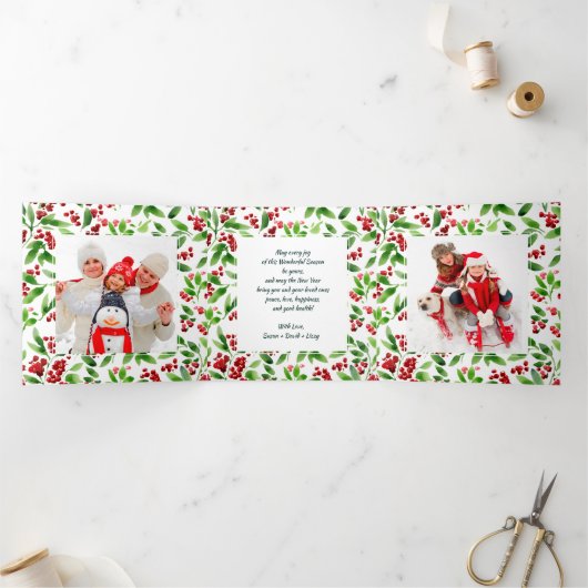 ハッピーホリデー。フォト数々のトリフォールドホリデーカード 三つ折り案内状 (内部)