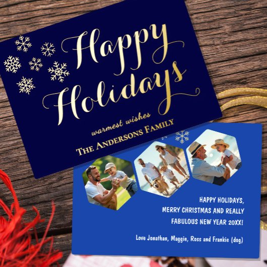 ハッピーホリデー、フォト ネイビーブルー カスタム フォイル カード