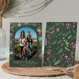 ハッピーホリデー フォレストグリーン & ピンク ボタニカル アーチ シーズンカード